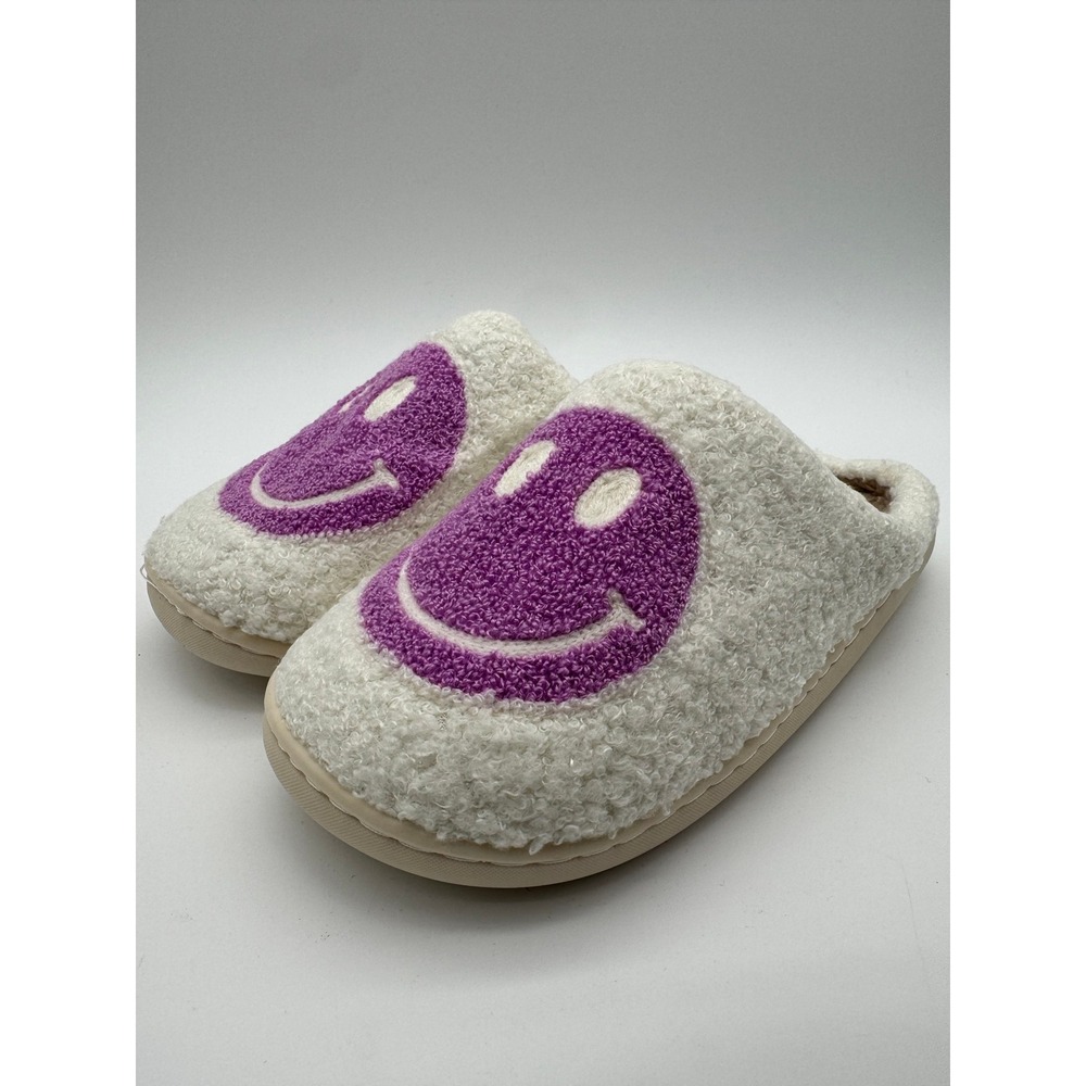 Cozy Smile Face Slippers White Purple Womens 9-10 Fuzzy‎ Slide